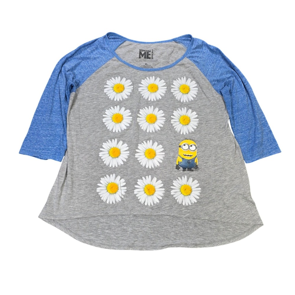 Despicable Me Minions Daisy Raglan T-Shirt Women's Size XL Gray Blue 3/4 Sleeve
